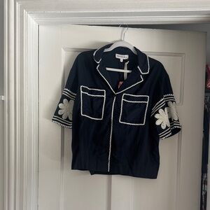 HUNTER BELL Navy Short-Sleeve Embroidered Boxy Top with White Trim